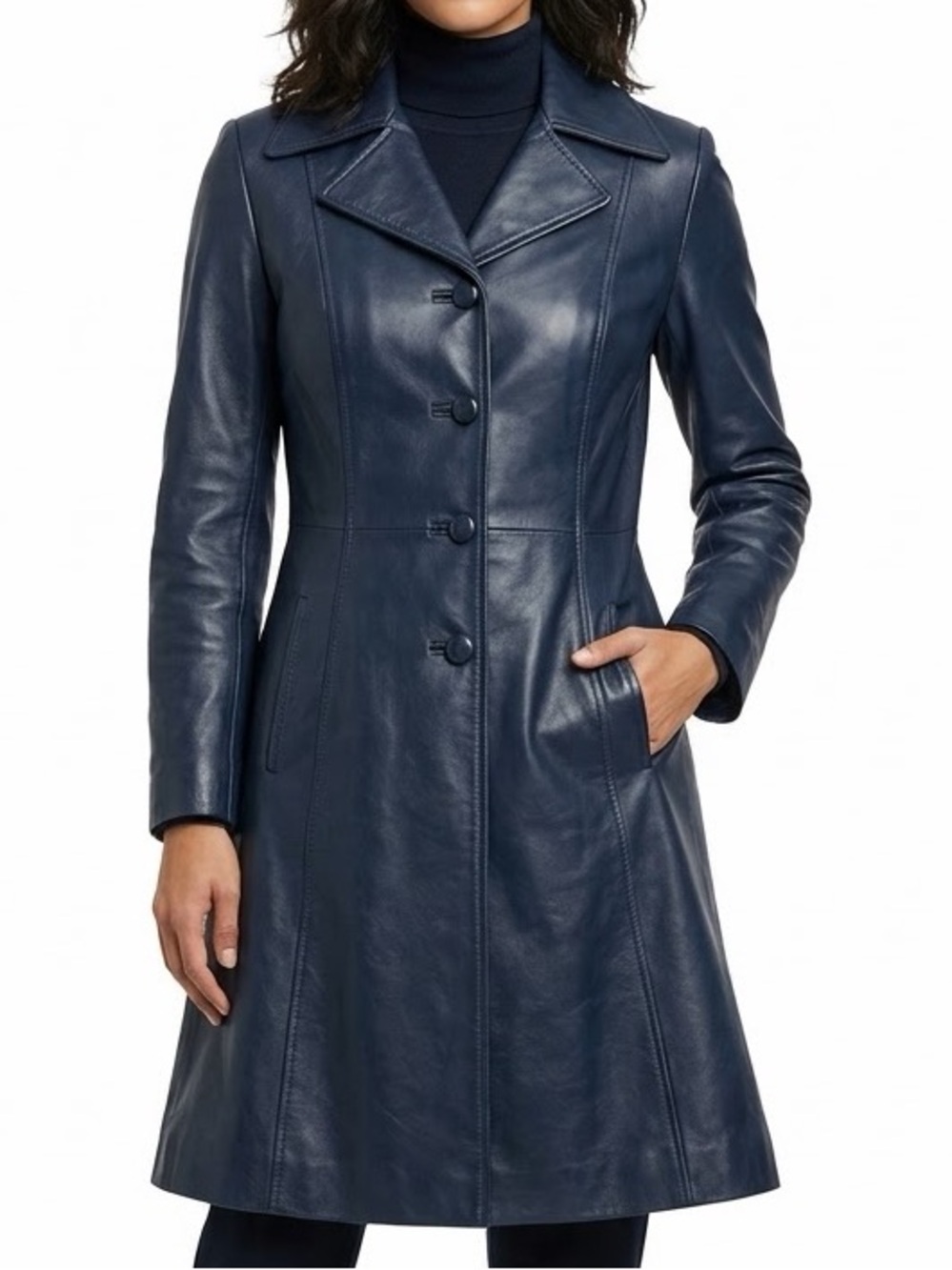 *VINTAGE C. 1970s NAVY BLUE LEATHER COAT